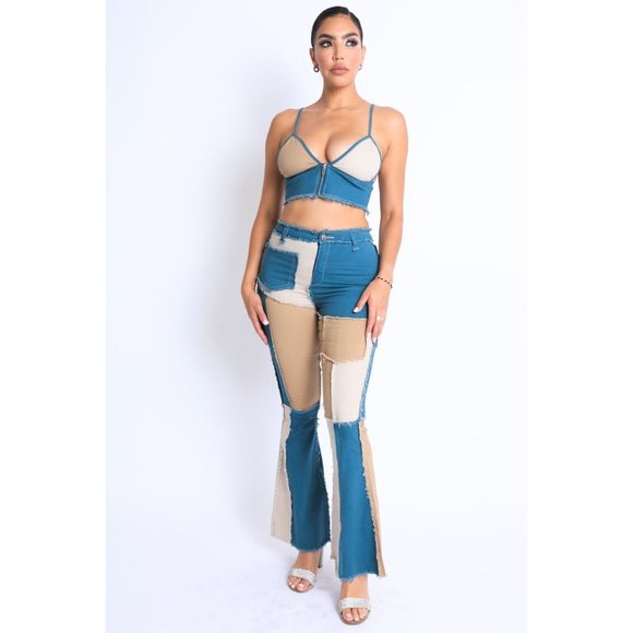 Women's Colorblock Patchwork Cop Top And Matching Pants 2 Piece Set Club Party - Picture 11 of 11